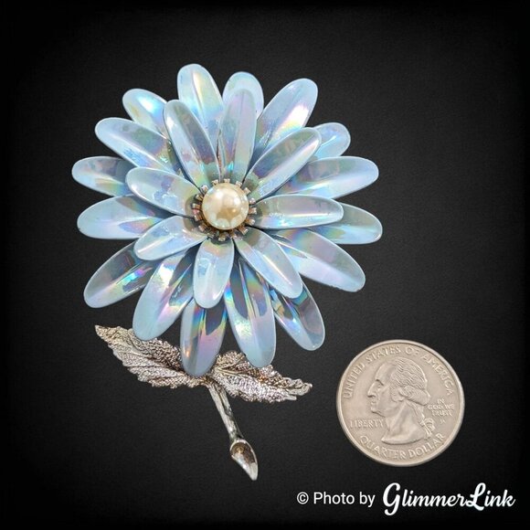 Vintage Coro Iridescent Blue Enamel Faux Pearl Silver Tone Brooch - Picture 5 of 9